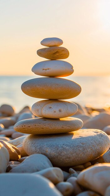 Pedras de Zen empilhadas em uma praia ao pôr-do-sol