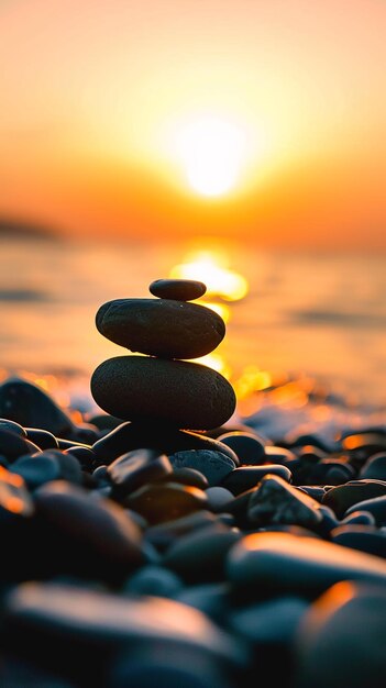 Pedras de Zen empilhadas em uma praia ao pôr-do-sol