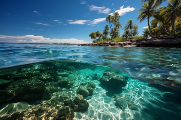 Pedras em água de mar clara e árvores tropicais em fundo Foto de alta qualidade