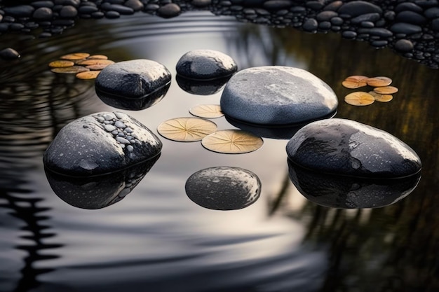 Pedras em uma lagoa com nenúfares na superfície.