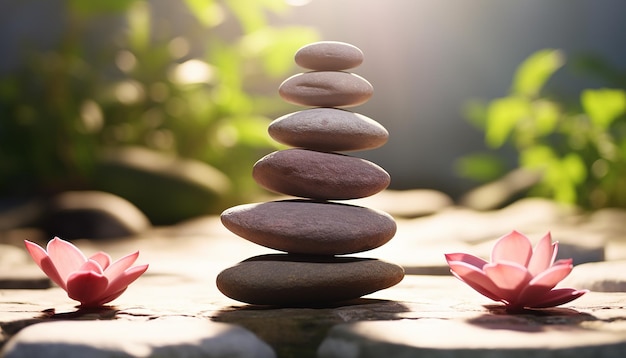 Pedras empilhadas simbolizam o equilíbrio e a harmonia na natureza gerada pela IA