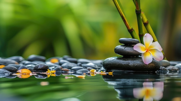 Pedras equilibradas criam uma pirâmide Zen na superfície das águas, invocando a calma e a harmonia.