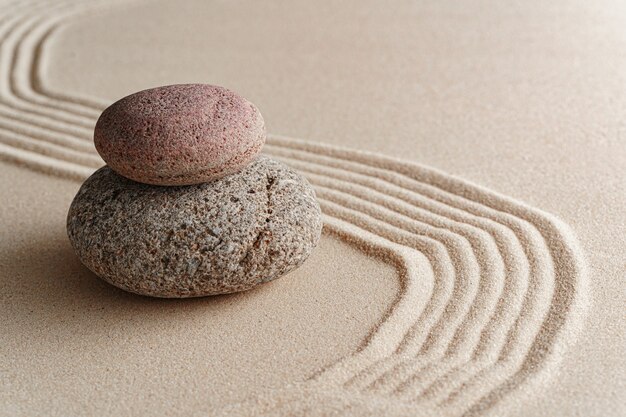 Pedras na areia, jardim zen de meditação japonesa