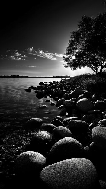 Pedras na margem do lago Foto em preto e branco