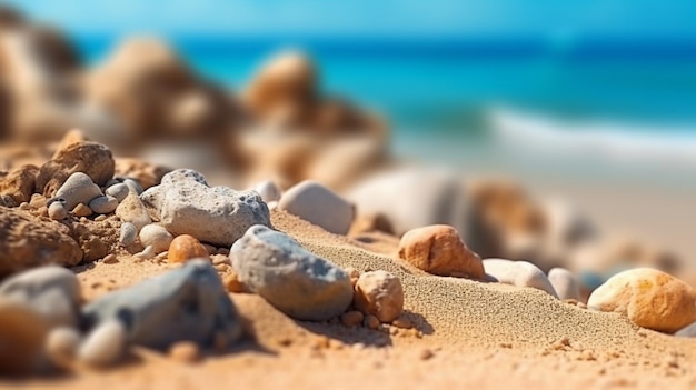 Pedras na praia com o mar ao fundo