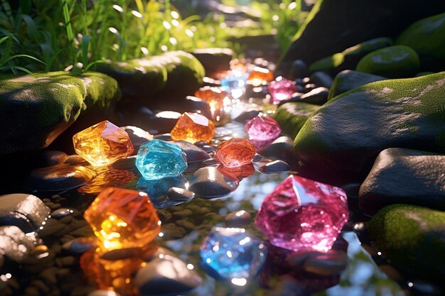 Foto pedras preciosas coloridas estão flutuando perto de um riacho