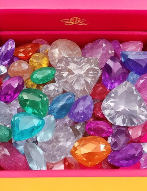 Pedras preciosas coloridas numa caixa de tesouros