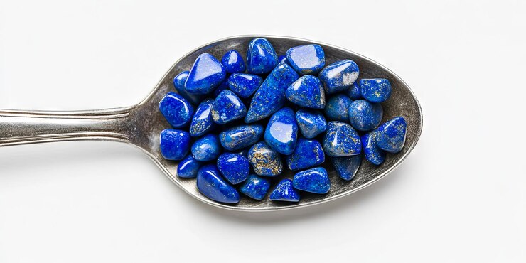 Foto pedras preciosas de lapis lazuli em uma colher de prata de perto
