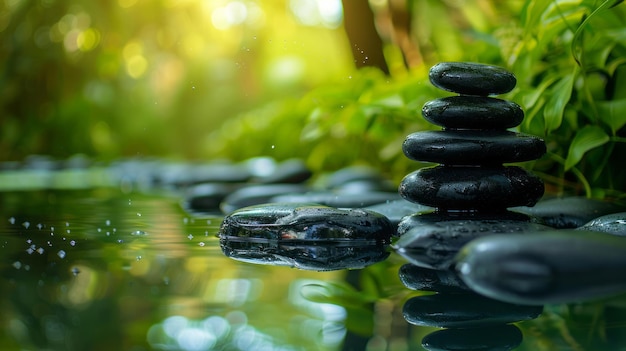 Pedras Zen e água em um jardim verde tranquilo tempo de relaxamento