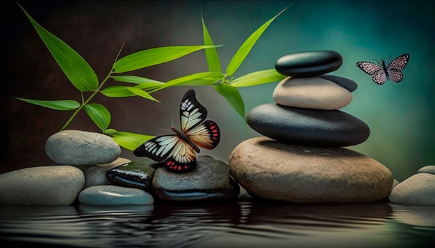Pedras zen e bambu na água Pedras zen forradas com seixos e borboletas Generative AI