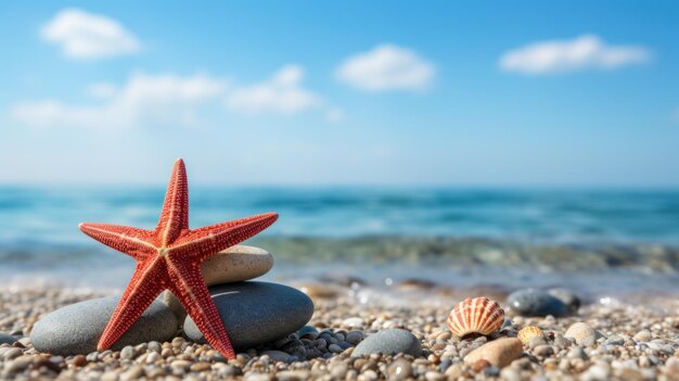 Pedras Zen e estrelas-do-mar vermelhas na praia com fundo de céu azul