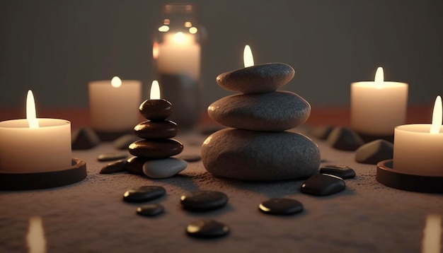 Pedras zen e velas acesas na sala Conjunto para tratamento de spa e conceito de relaxamento