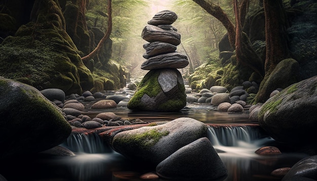 Pedras Zen empilhadas tranquilas e pedras de seixo em um córrego sereno