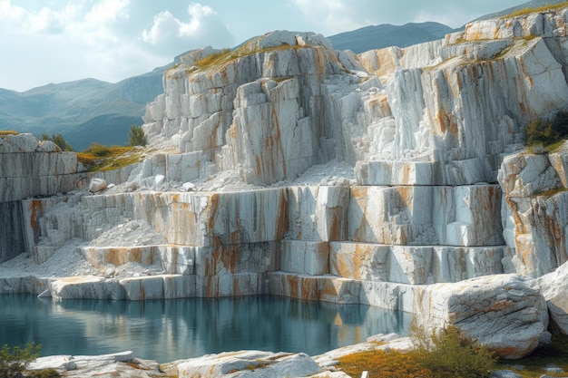 Pedreira de mármore com lago de água turquesa Fotografia de paisagens para design em viagens natureza e ind