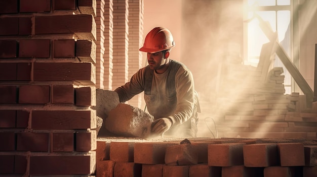 Foto pedreiro instalando tijolos no canteiro de obras generativo ai