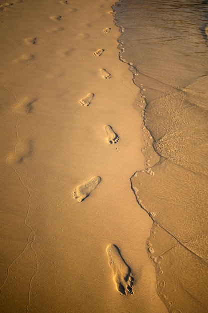 Pegadas caminham na praia de areia ao pôr do sol