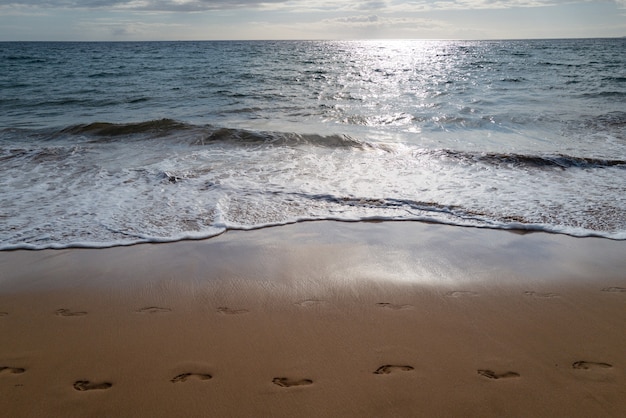 Pegadas na areia dourada pegadas praia com areia dourada turquesa oceano água vista panorâmica do mar ...
