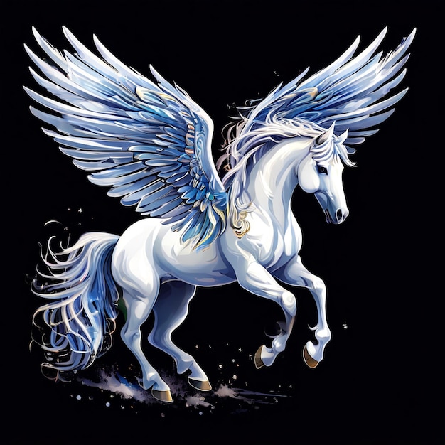 Pegaso branco com asas em fundo preto Ilustração vetorial