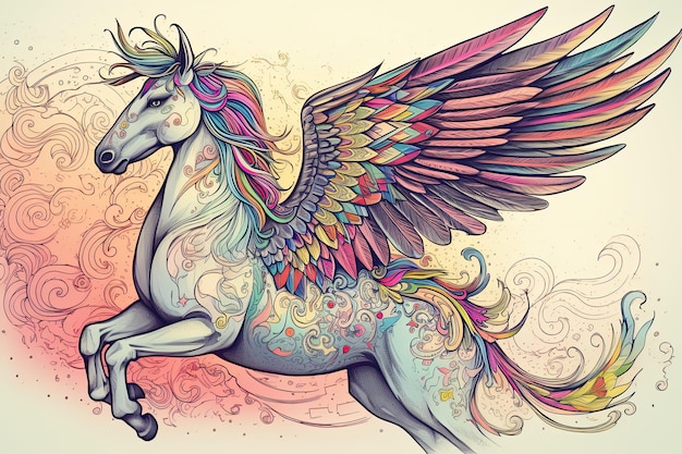 Pegasus com asas majestosas voando pelas nuvens IA gerada