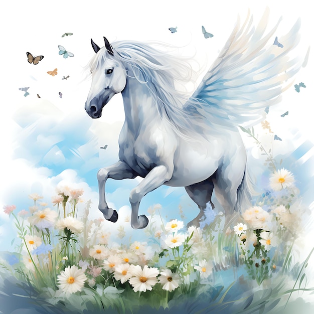 Pegasus Pasture Feather Grass y Sky Flowers Nube en forma de H Acolorida acogedora de la naturaleza Decorativa