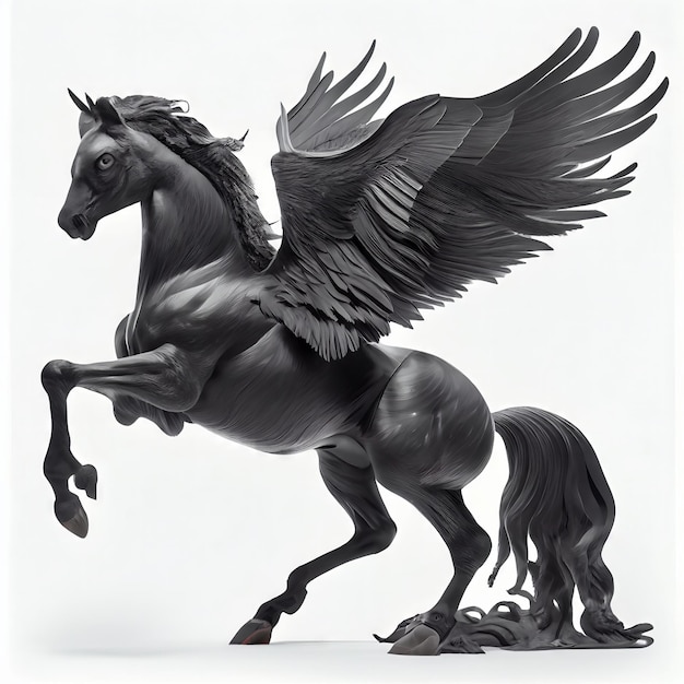 Pegasus preto com asas em um fundo branco Generative AI