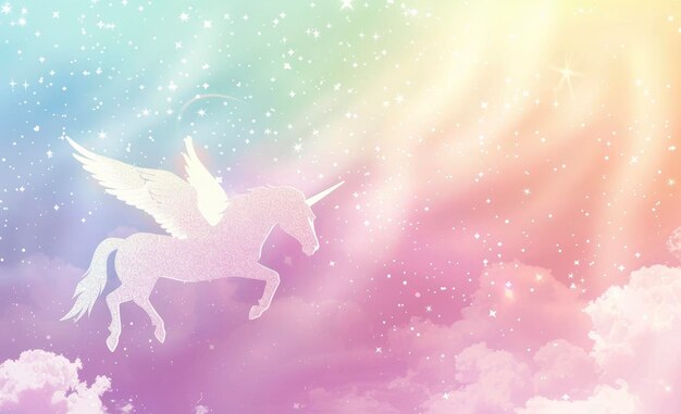 Pegasus voando no céu com um fundo de arco-íris em cores pastel com um efeito de brilho estrelas brilhantes e nuvens em rosa roxo azul verde e amarelo e branco