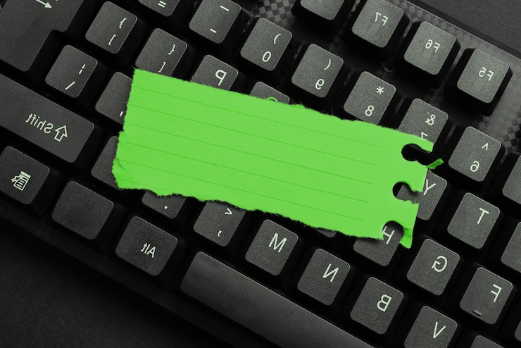 Foto pegatina de color sobre el teclado negro información importante escrita sobre papel imagen con útiles escolares colección variada papelería de oficina