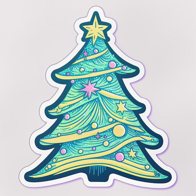 Pegatina de contorno de invierno con árbol de Navidad Ilustración de estilo de dibujos animados