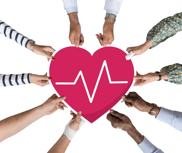 Pegatina de corazón pulsante en forma de png con la mano en el fondo transparente