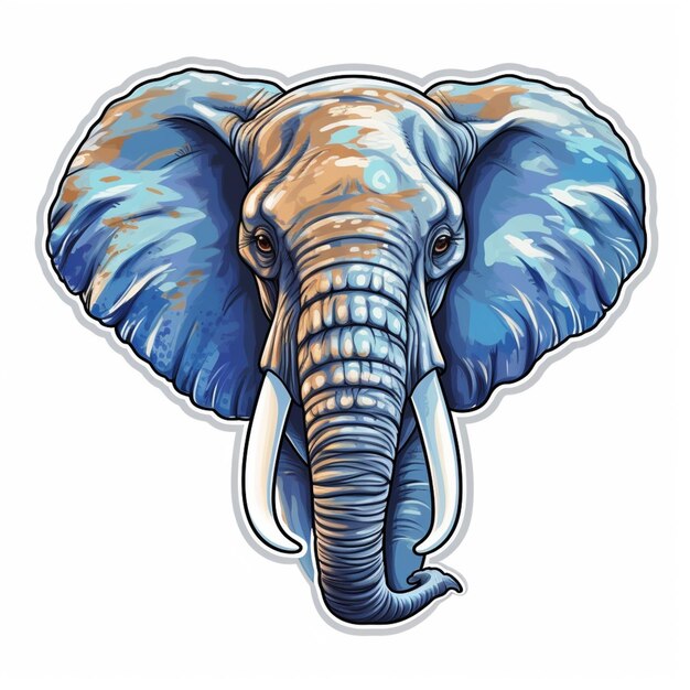 Una pegatina de un elefante con colmillos azules y la palabra elefante en él.