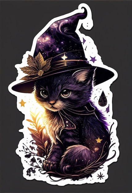 Pegatina con gatito negro místico con sombrero de bruja en color oscuro Generado por IA