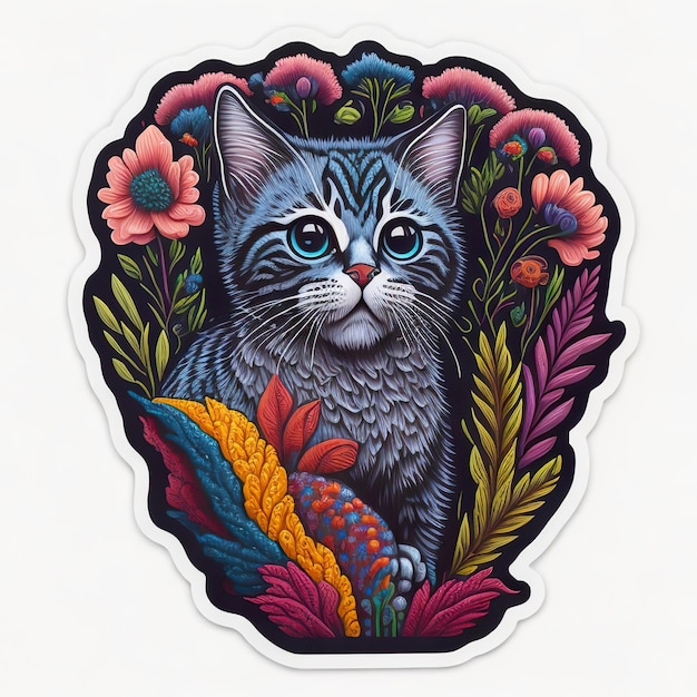 Una pegatina de un gato con un diseño floral.