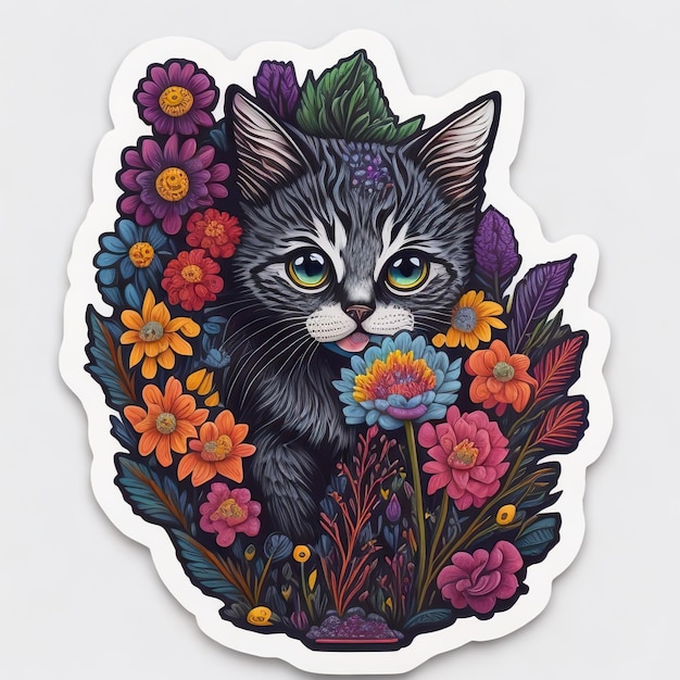 Una pegatina de un gato con una flor.