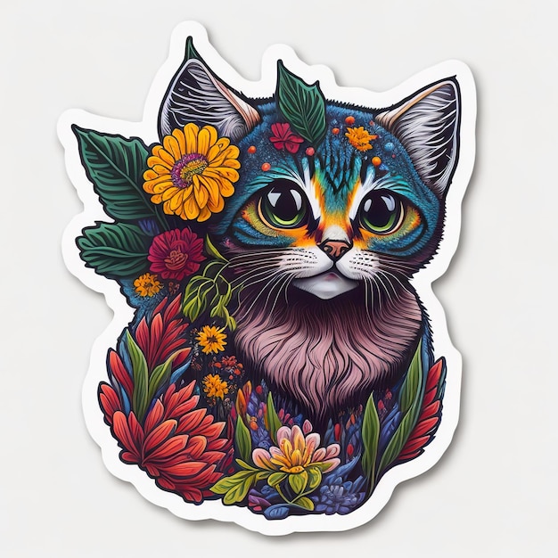 Una pegatina de un gato con flores.