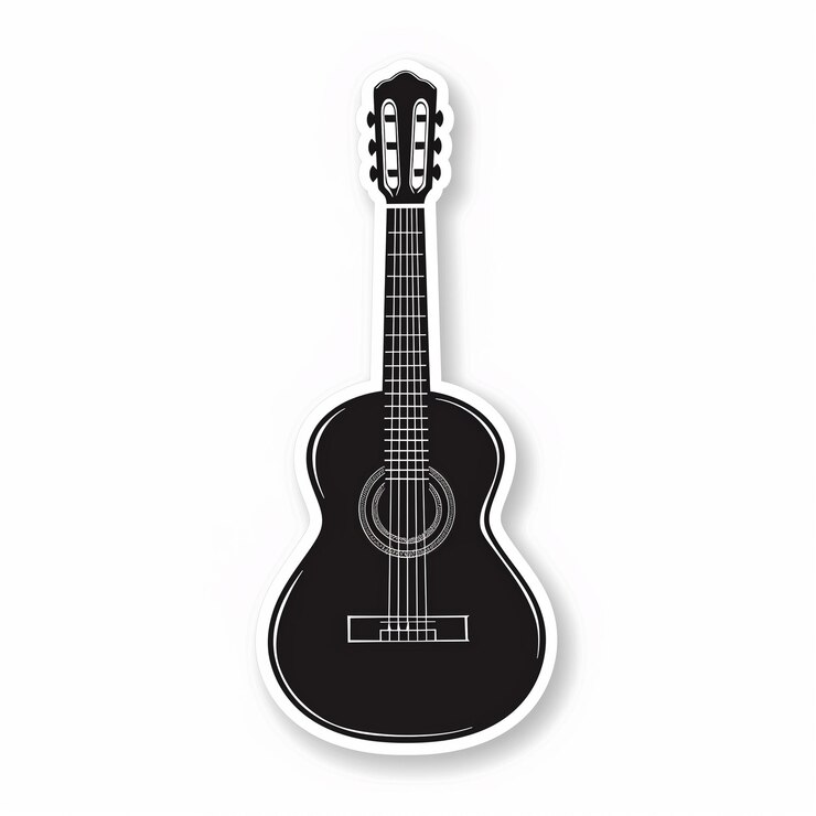 una pegatina de guitarra negra y blanca en un fondo blanco
