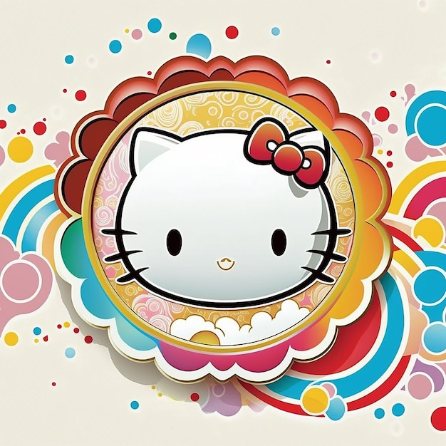 Una pegatina de hello kitty con un círculo y un hello kitty en él.