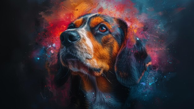 Foto esta pegatina de pared es un dibujo en color de un retrato de un basset hound con salpicaduras de acuarela en él