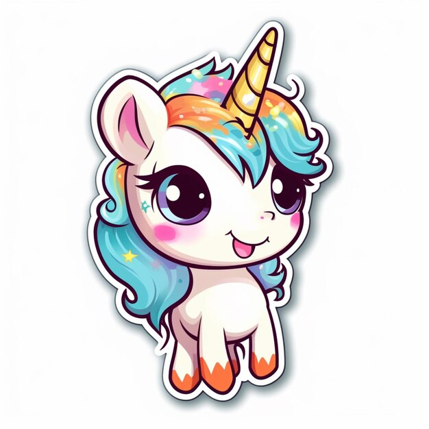 Una pegatina de un unicornio con melena arcoíris y ojos azules.