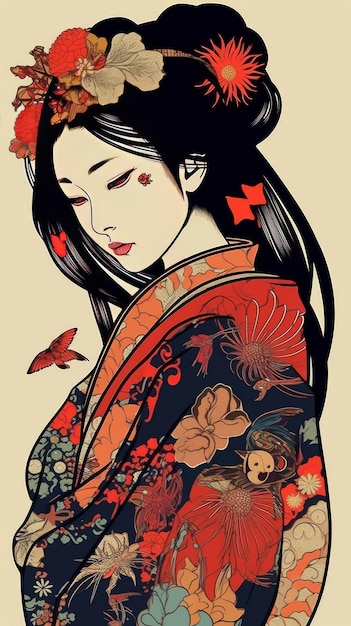 Foto pegatina de vector de chica bonita de kimono