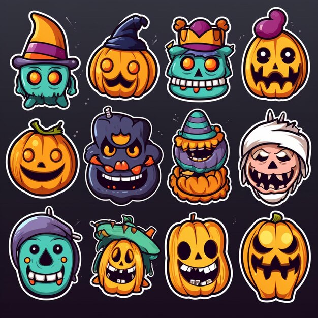 Pegatinas de dibujos animados de Halloween líneas negritas espeluznantes y divertidas