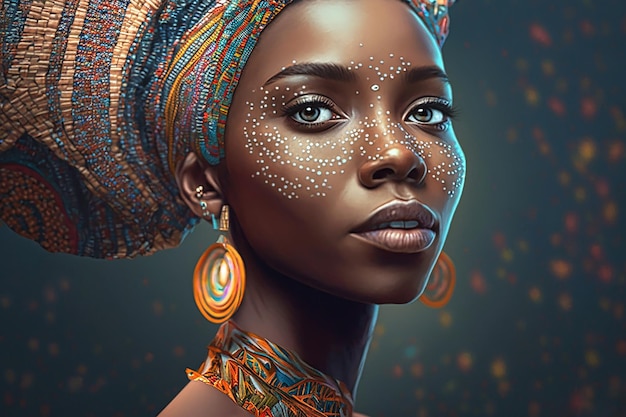 Peinado afro Hermoso retrato Mujer africana en turbante de tela con estampado de cera Reina negra AI generativa