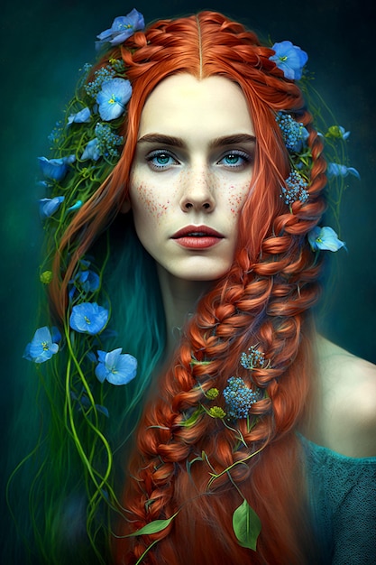 Peinado de fantasía para cabello largo rojo con adornos de flores azules IA generativa