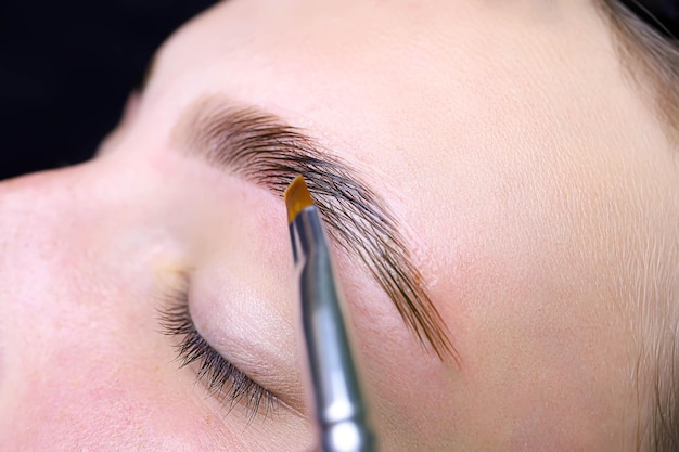 Peinar los pelos de las cejas con un cepillo después del procedimiento de teñir y laminar las cejas