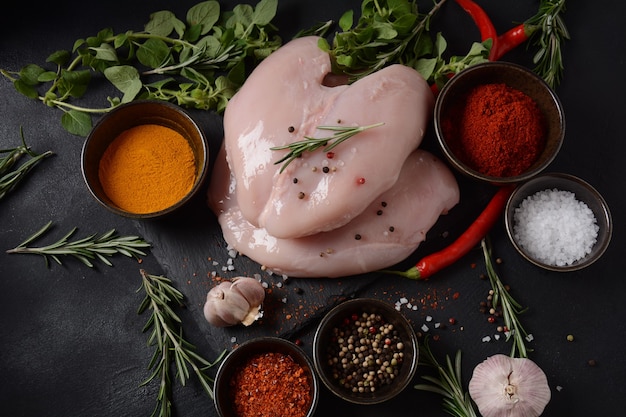 Peito de frango cru desossado para churrasqueira carne com ingredientes para cozinhar