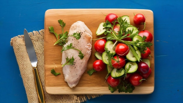 Peito de frango e vegetais numa tábua de cortar, não um guardanapo na mesa azul.