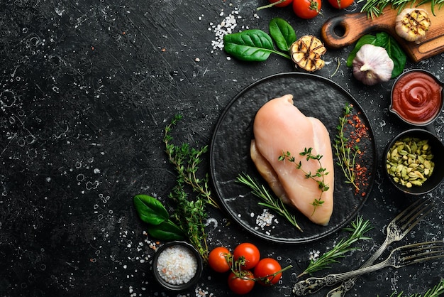 Peito de frango fresco cru com especiarias e ervas vista superior sobre um fundo de pedra preta