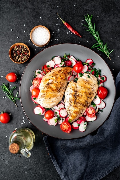 Peito de frango grelhado e salada com legumes frescos, tomates e rabanetes em um prato Carne de frango com salada Comida saudável na mesa de pedra