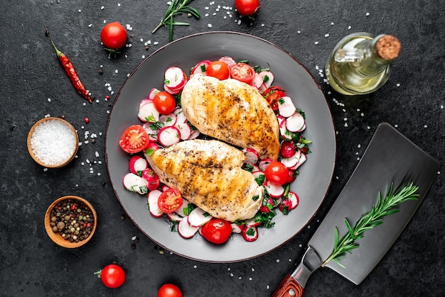 Peito de frango grelhado e salada com legumes frescos, tomates e rabanetes em um prato Carne de frango com salada Comida saudável na mesa de pedra