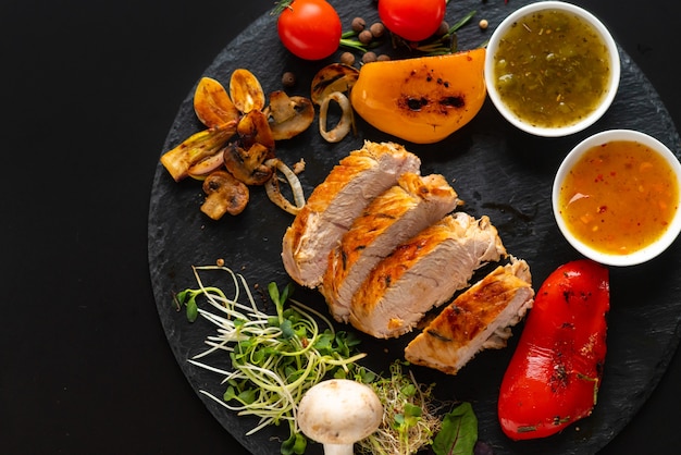 Foto peito de frango grelhado fatiado e marinado com legumes assados, acompanhamentos de molho saboroso e couve de salada vista de cima no preto