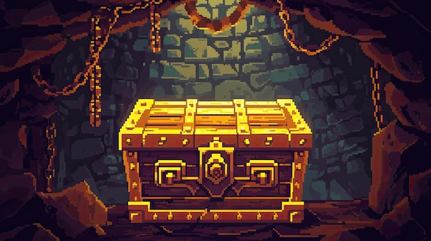 Peito de pixel estilo moeda dragão mestre chave castelo fantasia jóias cruz ouro piratas tesouro computador RPG recompensa dungeon jogo de personagem gerado por AI